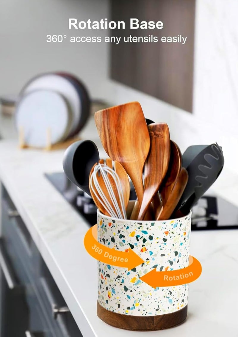 Nucookery 360°Rotating Utensil Holder, 7.2" Kitchen Utensil Crock, Ceramic Cooking Utensil Organizer with Countertop-Protection Cork Bottom for Farmhouse Kitchen Decor Christmas (Marble Pattern) - Image 3